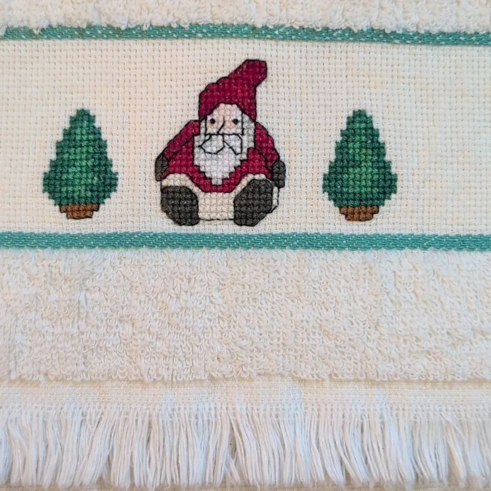 Vintage Festive Cream Hand Towels with Cross Stitched Holiday Motifs Set Of 2
